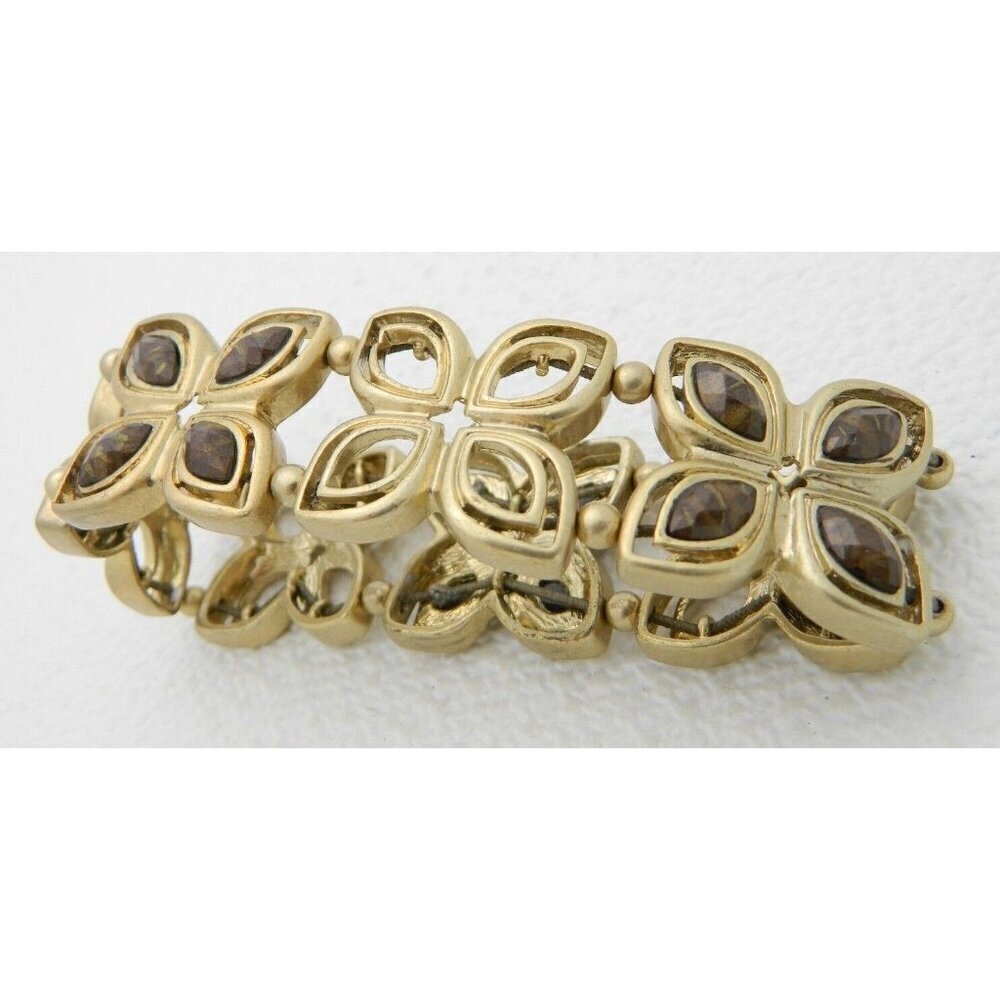 VTG Gold Tone Brown Plastic Rhinestone Flower Panel Stretch Bracelet